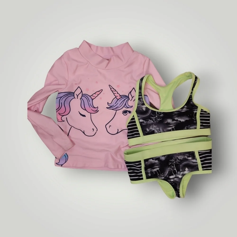 Girls bathing suit lot unicorn rashguard and two piece sizd 5 4/5